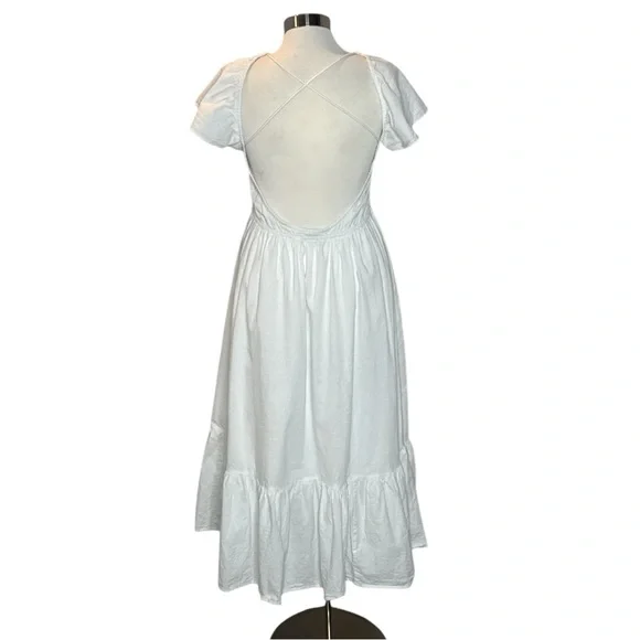 ZARA WHITE COTTON FLUTTER SLEEVE CROCHET BODICE CROSS BACK SUMMER MIDI DRESS - Picture 10 of 13
